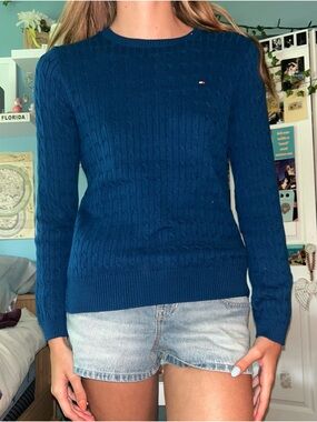 Tommy Hilfiger Cable Knit Crewneck Sweater in Teal Blue